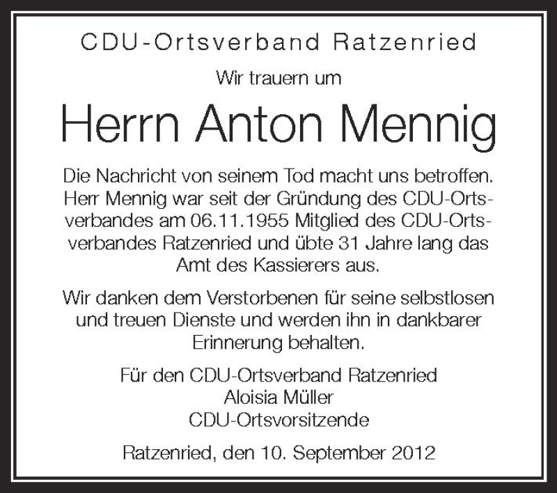  Traueranzeige für Anton Menning vom 11.09.2012 aus Schwäbische Zeitung