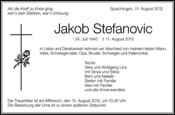 Anzeige von Jakob Stefanovic von Schwäbische Zeitung