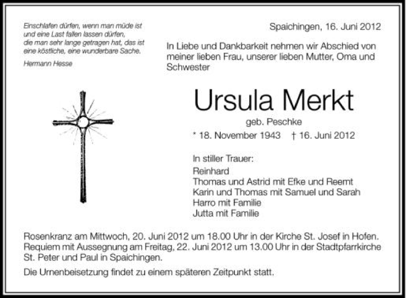  Traueranzeige für Ursula Merkt vom 19.06.2012 aus Schwäbische Zeitung