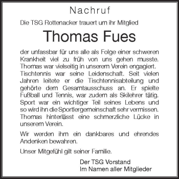 Anzeige von Thomas Fues von Schwäbische Zeitung