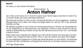 Anzeige von Anton Hafner von Schwäbische Zeitung