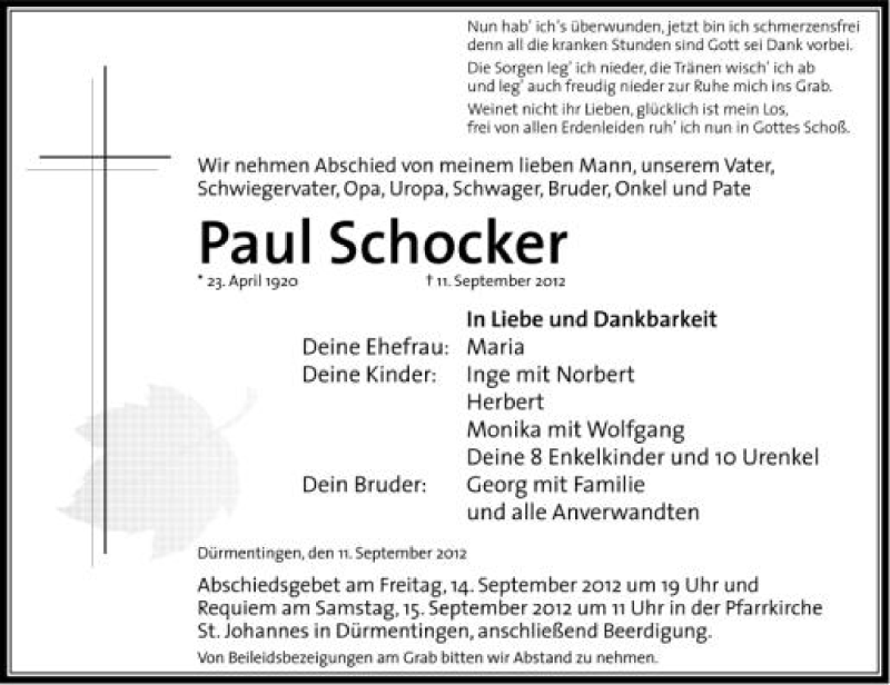  Traueranzeige für Paul Schocker vom 13.09.2012 aus Schwäbische Zeitung