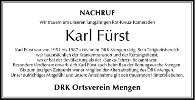  Traueranzeige für Karl Fürst vom 05.05.2012 aus Schwäbische Zeitung