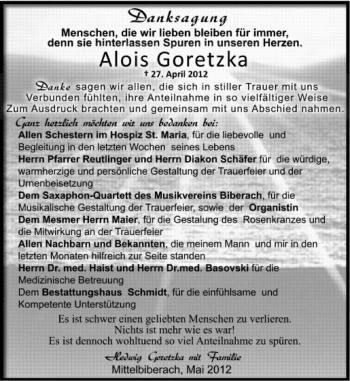 Anzeige von Alois Goretzka von Schwäbische Zeitung