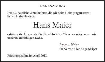 Anzeige von Hans Maier von Schwäbische Zeitung