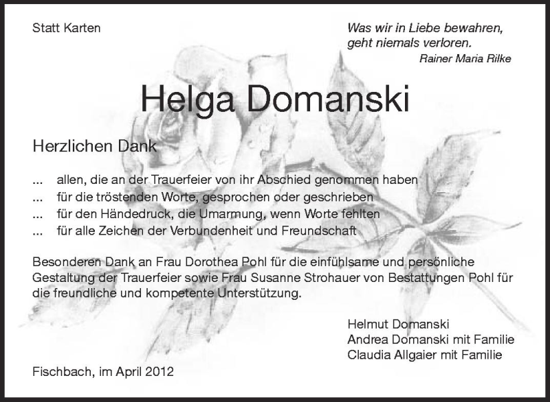  Traueranzeige für Helga Domanski vom 21.04.2012 aus Schwäbische Zeitung