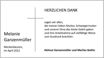 Anzeige von Melanie Ganzenmüller von Schwäbische Zeitung