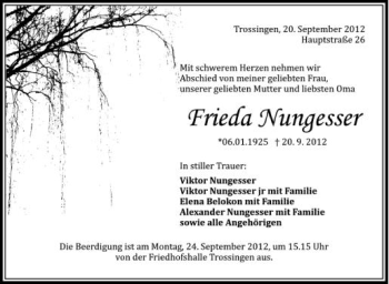 Anzeige von Frieda Nungesser von Schwäbische Zeitung