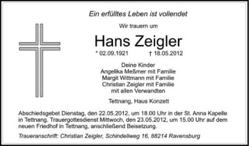 Anzeige von Hans Zeigler von Schwäbische Zeitung