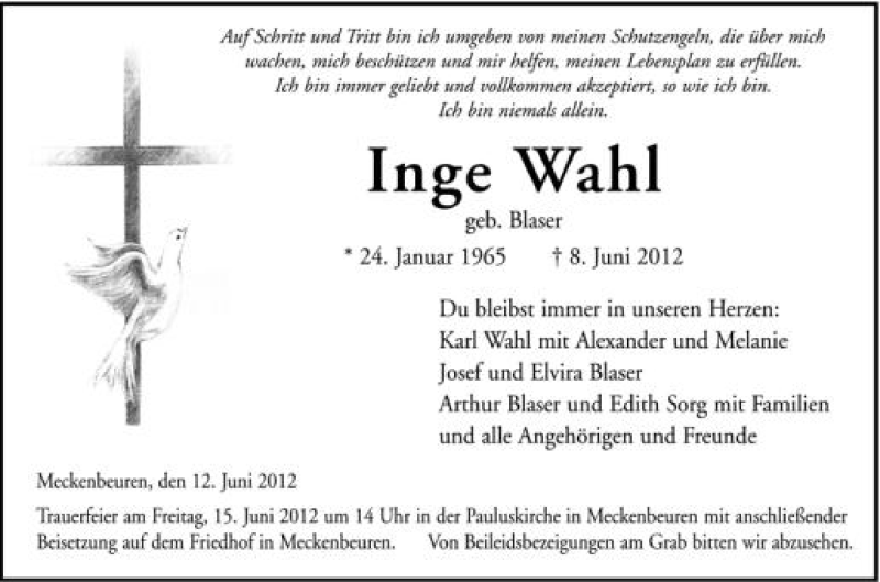  Traueranzeige für Inge Wahl vom 13.06.2012 aus Schwäbische Zeitung