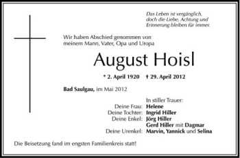 Anzeige von August Hoisl von Schwäbische Zeitung
