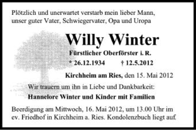  Traueranzeige für Willy Winter vom 15.05.2012 aus Schwäbische Zeitung