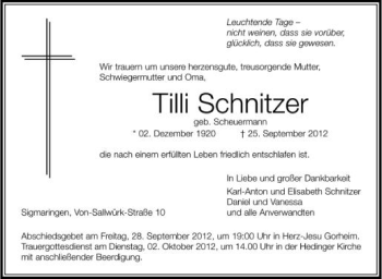 Anzeige von Tilli Schnitzer von Schwäbische Zeitung