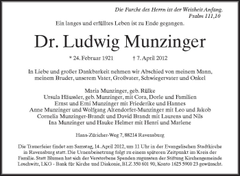 Anzeige von Ludwig Munzinger von Schwäbische Zeitung