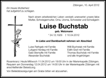 Anzeige von Luise Buhstab von Schwäbische Zeitung