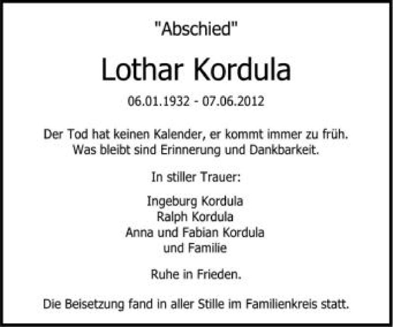  Traueranzeige für Lothar Kordula vom 19.06.2012 aus Schwäbische Zeitung