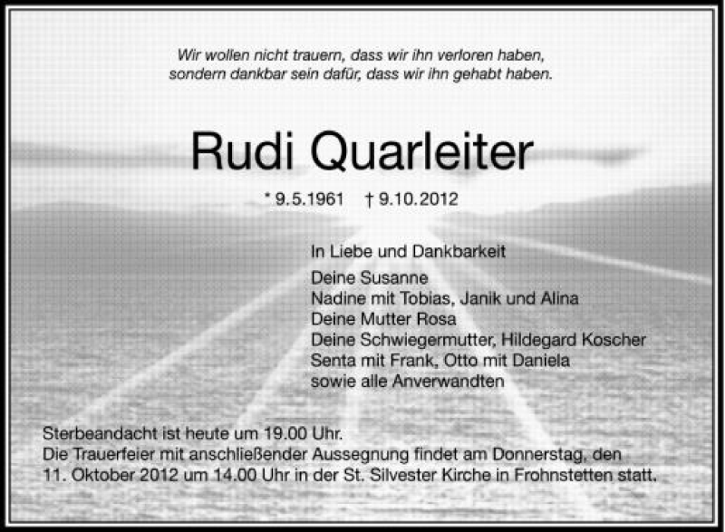  Traueranzeige für Rudi Quarleiter vom 10.10.2012 aus Schwäbische Zeitung