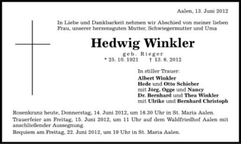 Anzeige von Hedwig Winkler von Schwäbische Zeitung
