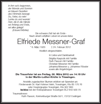 Anzeige von Elfriede  Messner-Graf von Schwäbische Zeitung