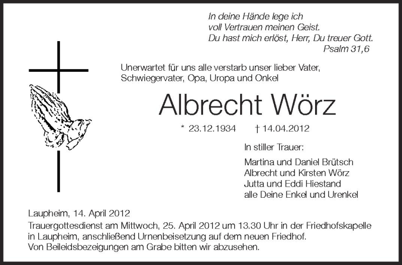 Traueranzeige für Albrecht Wörz vom 23.04.2012 aus Schwäbische Zeitung