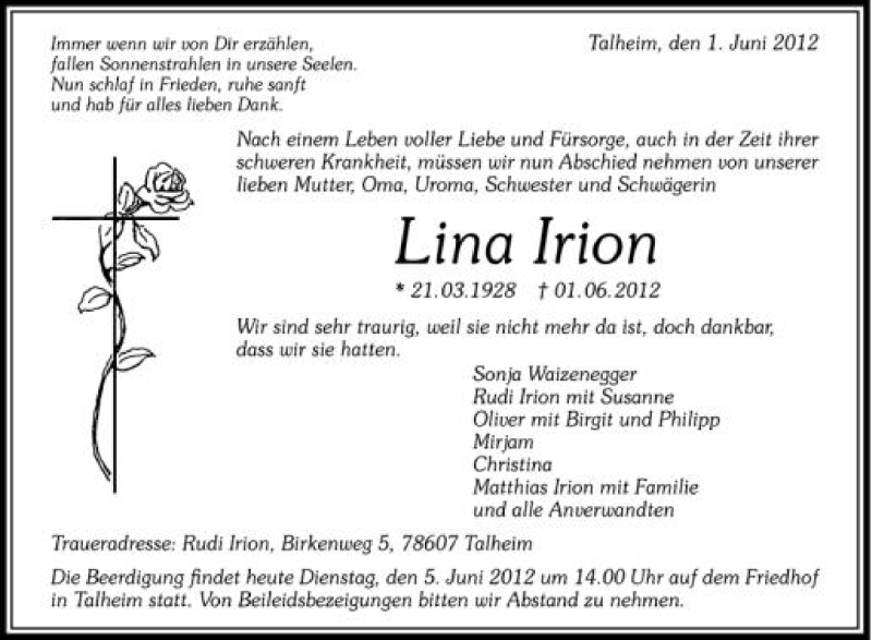  Traueranzeige für Lina Irion vom 05.06.2012 aus Schwäbische Zeitung