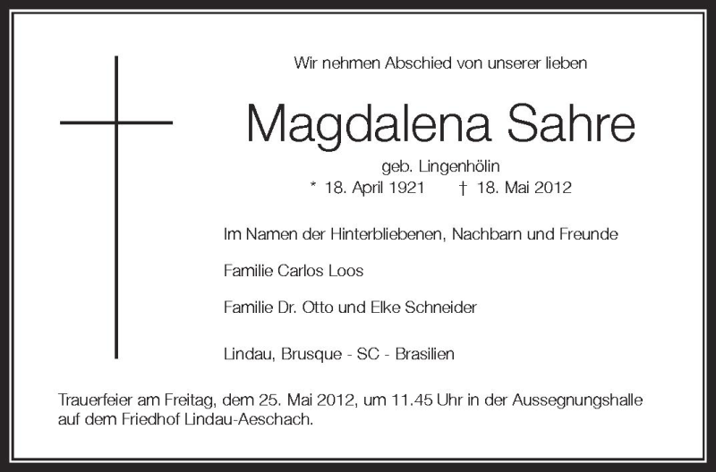  Traueranzeige für Magdalena Sahre vom 24.05.2012 aus Schwäbische Zeitung