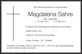 Anzeige von Magdalena Sahre von Schwäbische Zeitung