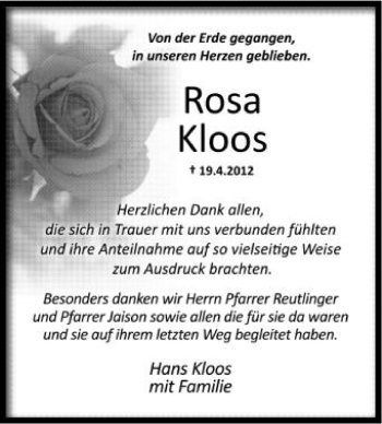 Anzeige von Rosa Kloos von Schwäbische Zeitung