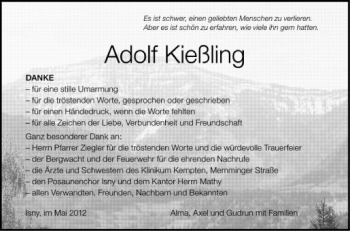 Anzeige von Adolf Kießling von Schwäbische Zeitung