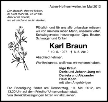 Anzeige von Karl Braun von Schwäbische Zeitung