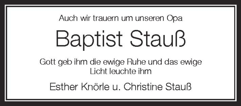 Traueranzeige für Baptist Stauß vom 12.10.2012 aus Schwäbische Zeitung