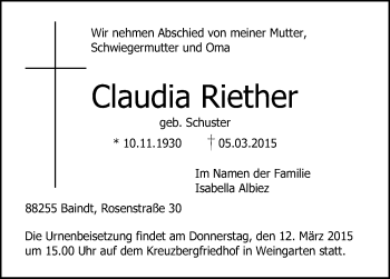 Anzeige von Claudia Riether von Schwäbische Zeitung