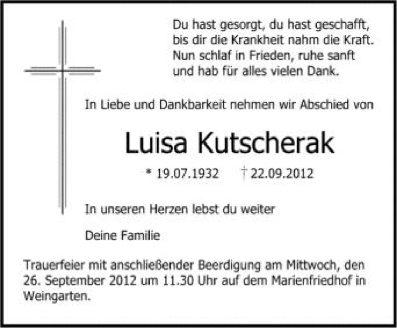  Traueranzeige für Luisa Kutscherak vom 24.09.2012 aus Schwäbische Zeitung