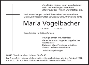 Anzeige von Maria Vogelbacher von Schwäbische Zeitung