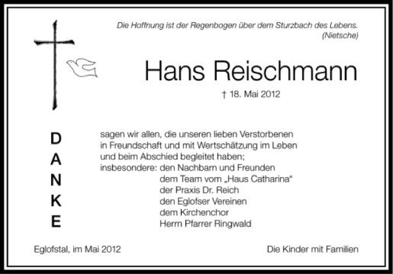  Traueranzeige für Hans Reischmann vom 31.05.2012 aus Schwäbische Zeitung
