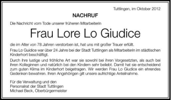 Anzeige von Lore Lo Giudice  von Schwäbische Zeitung