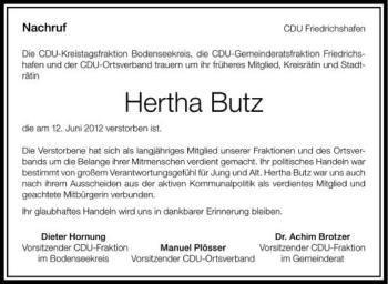 Anzeige von Hertha Butz von Schwäbische Zeitung