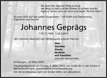 Anzeige von Johannes Geprägs von Schwäbische Zeitung