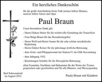 Anzeige von Paul Braun von Schwäbische Zeitung