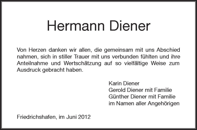  Traueranzeige für Hermann Diener vom 09.06.2012 aus Schwäbische Zeitung