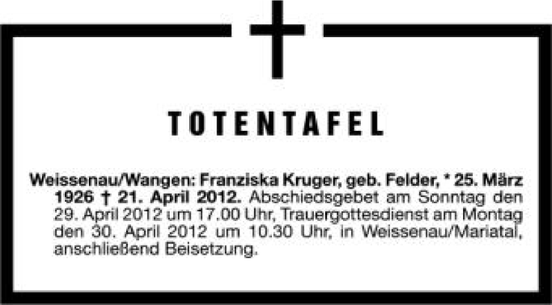  Traueranzeige für Franziska Kruger vom 27.04.2012 aus Schwäbische Zeitung