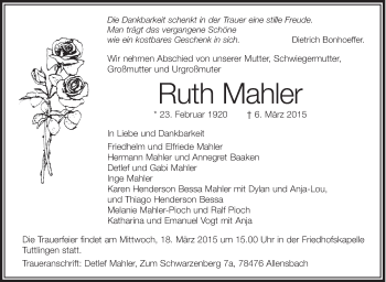 Anzeige von Ruth Mahler von Schwäbische Zeitung