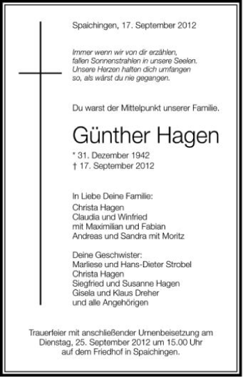 Anzeige von Günther Hagen von Schwäbische Zeitung