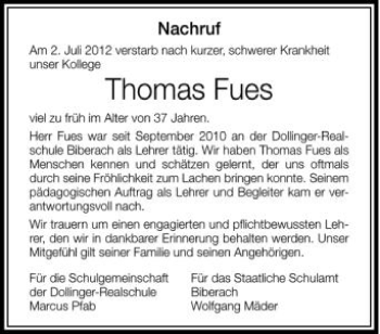 Anzeige von Thomas Fues von Schwäbische Zeitung