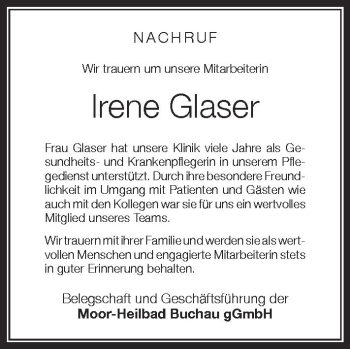 Anzeige von Irene Glaser von Schwäbische Zeitung
