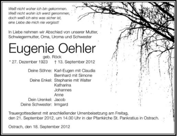 Anzeige von Eugenie Oehler von Schwäbische Zeitung