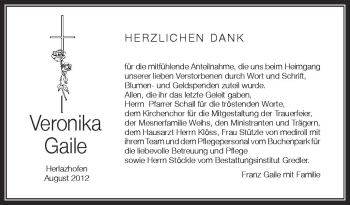 Anzeige von Veronika Gaile von Schwäbische Zeitung