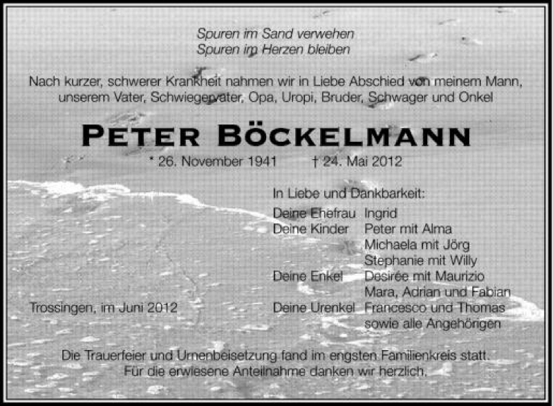  Traueranzeige für Peter Böckelmann vom 14.06.2012 aus Schwäbische Zeitung