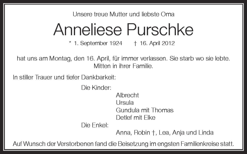 Traueranzeige für Anneliese Purschke vom 21.04.2012 aus Schwäbische Zeitung