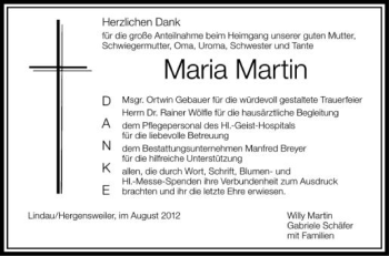 Anzeige von Maria Martin von Schwäbische Zeitung